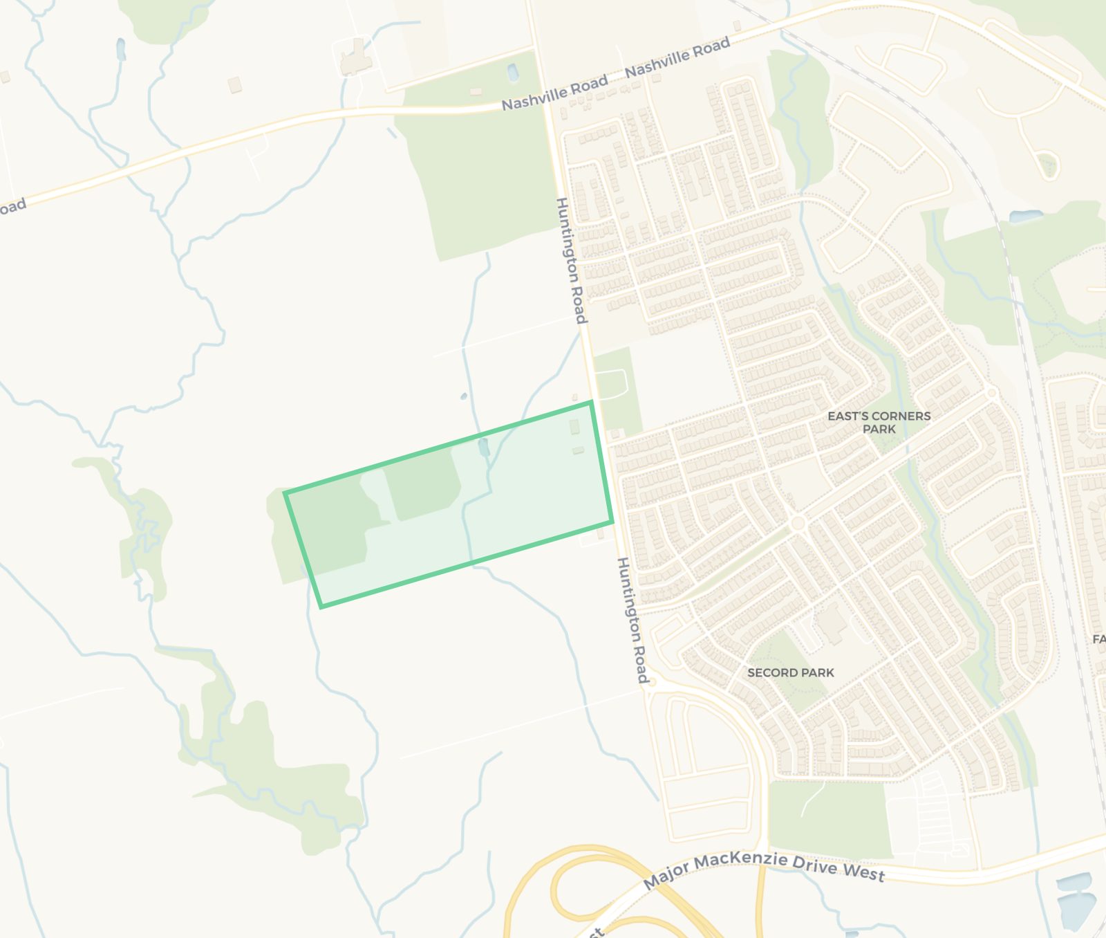 Map of the Project Kleinburg site, outlined in green, on the west side of Huntington Road between Nashville Road and Major MacKenzie Drive West in Vaughan