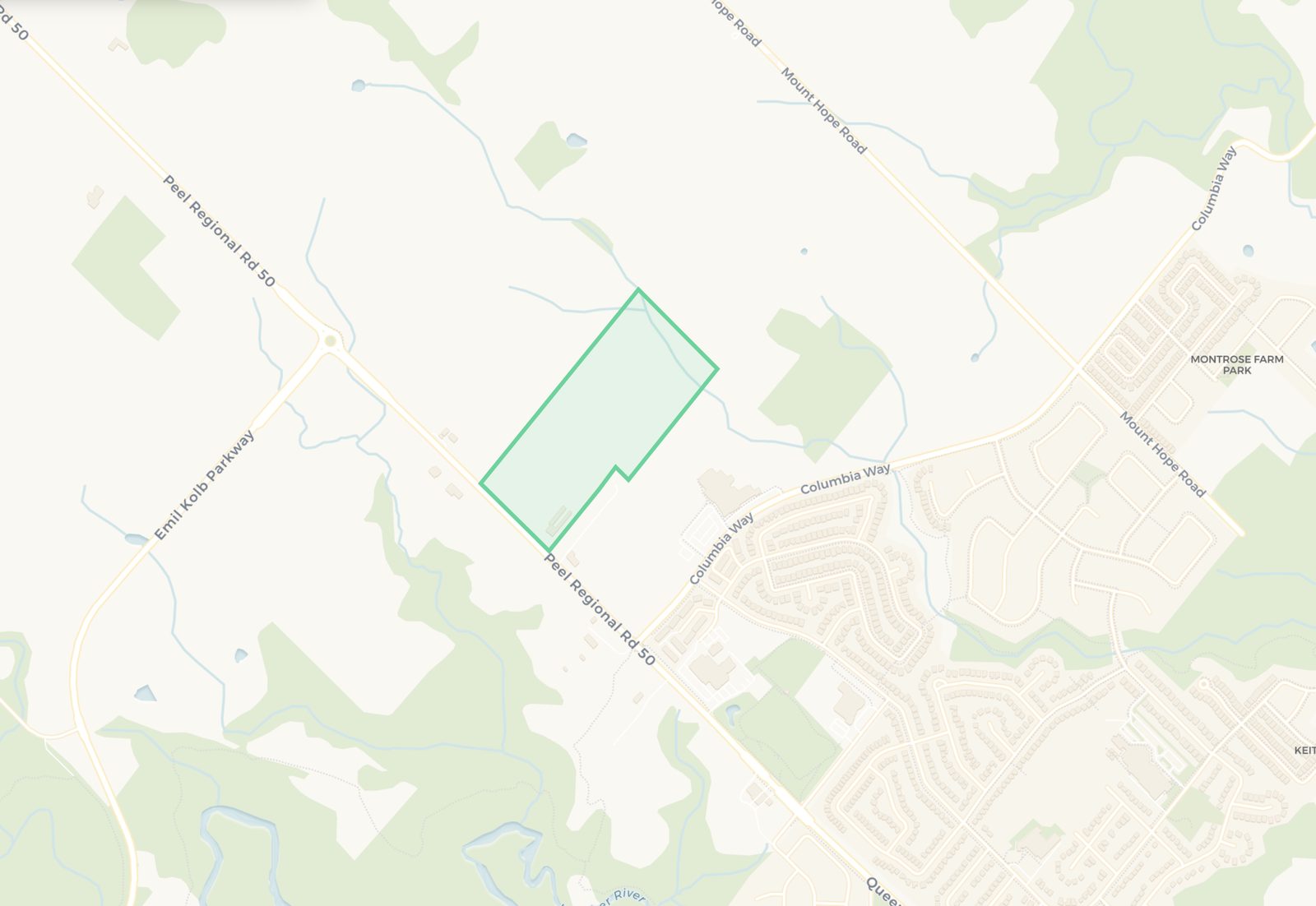 Map of the Project North Hill site, outlined in green, on Peel Regional Road 50 just northwest of Columbia Way in Caledon